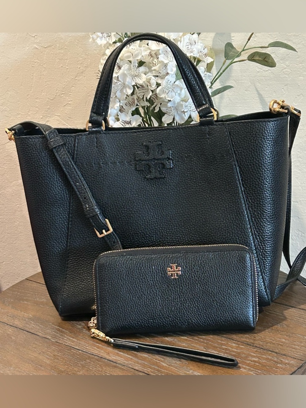 Tory Burch McGraw Black Pebbled Leather Carryall Tote Bag & Wallet Bundle